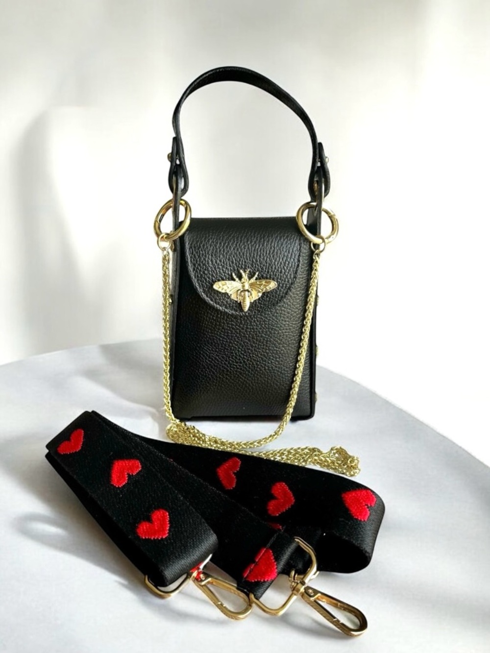🆕 Borse in Pelle Studded Bee Bag Italian Handbag Crossbody Black Leather